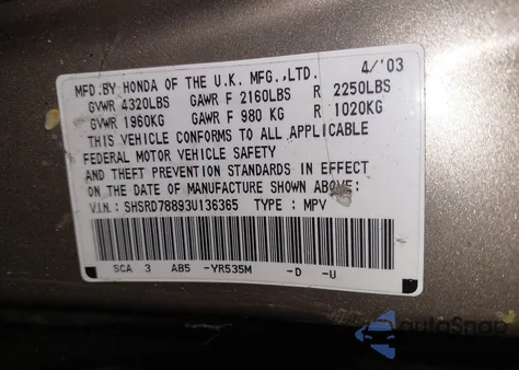 2003 Honda Cr-V Ex z USA, uszkodzony, nr VIN SHSRD78893U136365